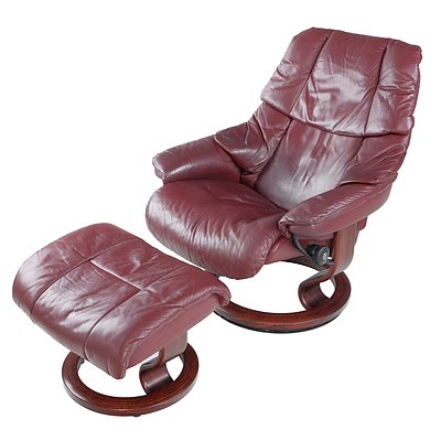 Norwegian Made Ekornes Stressless Maroon Leather Recliner with Matching Footstool