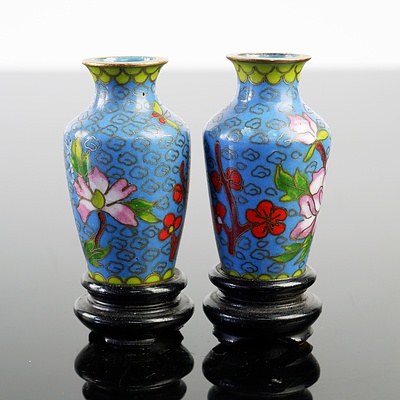 Pair of Small Chinese Cloisonne Enamel Miniature Vases on Hardwood Stands, Mid 20th Century