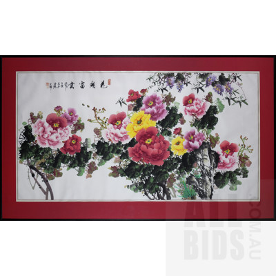 Large Chinese Ink and Colourwash of Peonies on Paper with Signature - Image Size 93 x 177 cm