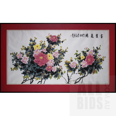 Large Chinese Ink and Colourwash of Peonies on Paper with Signature - Image Size 93 x 177 cm
