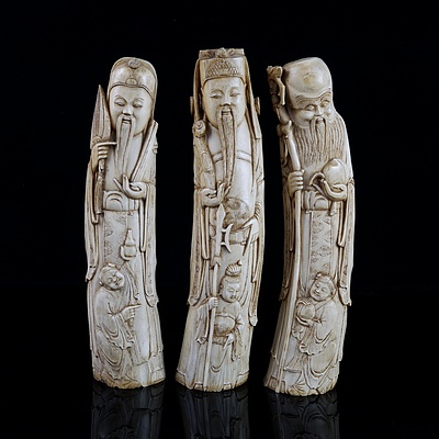 Fine Set of Three Large Chinese Qing Dynasty Carved Ivory Immortals, 19th Century