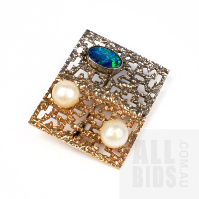 9ct Yellow and White Gold Abstract Brooch with Opal Doublet and Faux Pearl, 9.45g