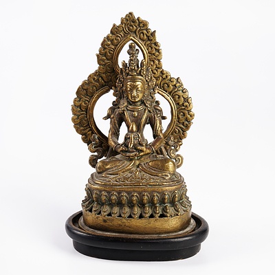 Cast Bronze Figure of Buddha Amitayus Seated Beneath a Flaming Mandorla on a Double Lotus Base