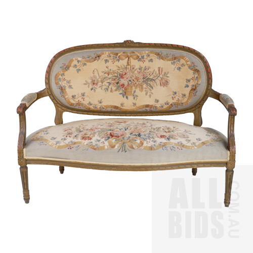 Antique French Carved Giltwood Louis XV Style Settee with Original Tapestry Upholstery, Late 19th Century