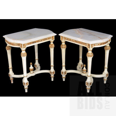 Pair of French Style Lime and Gilt Painted Side Tables with Onyx Tops, Later 20th Century