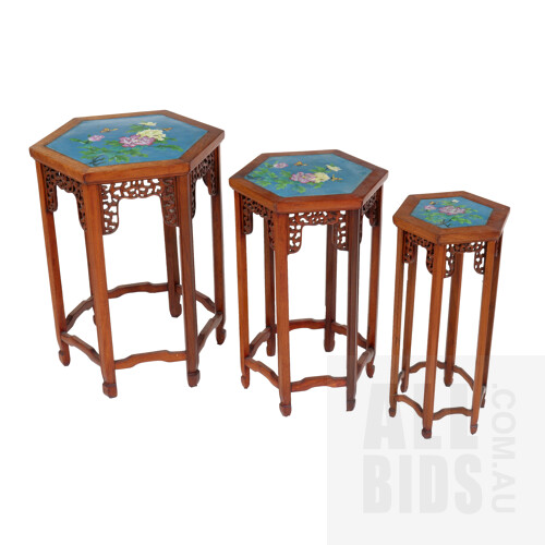 Set of Three Chinese Carved Rosewood Nesting Tables with Cloisonne Enamel Tops, Early 20th Century