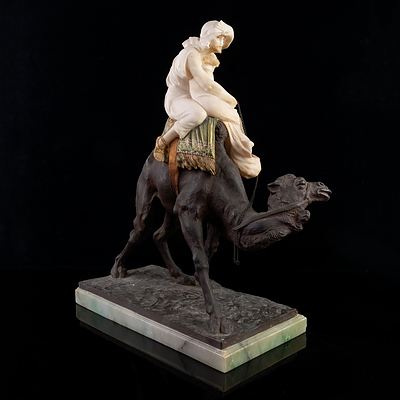 Emilio Fiaschi (Italian 1858-1941) Orientalist Cold Painted Bronze and Alabaster Model of an Arabian Cameleer, Late 19th Century