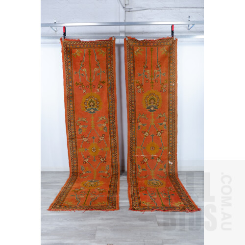 Very Unusual Antique Pair Anatolian Oushak Hand Knotted Wool Runners