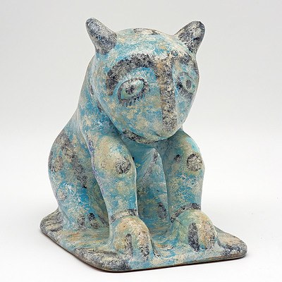 Persian Kashan Style Turquoise Glazed Pottery Model of a Cat