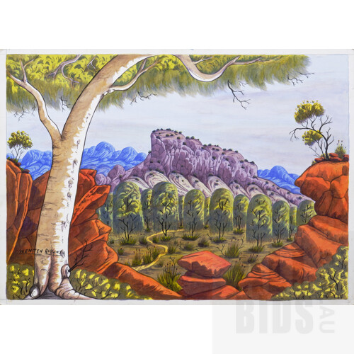 Wenten Rubuntja (Arrernte, 1926-2005) Haasts Bluff and Ghost Gum, Watercolour, 51 x 71cm