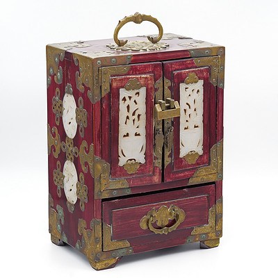 Chinese Brass Mounted Stained Hardwood and Carved Serpentine Embellished Jewellery Chest, 20th Century