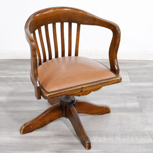 Oak and Leather Upholstered Captains Chair, Early 20th Century