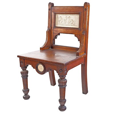 English Gothic Revival Mahogany Hall Chair Inset with Bas Relief Ceramic Plaques, Late 19th Century