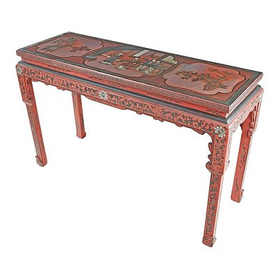 Chinese Red and Polychrome Lacquered Altar Table with Incised Borders and Details, 20th Century