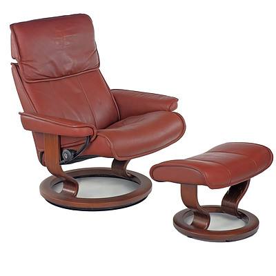 Norwegian Ekornes Stressless Leather Upholstered Recliner Armchair and Ottoman, 1st of a Pair Available