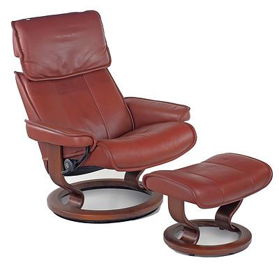 Norwegian Ekornes Stressless Leather Upholstered Recliner Armchair and Ottoman, 2nd of a Pair Available 