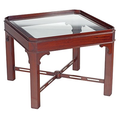 Vintage Mahogany and Glass Top Chinese Chippendale Style Coffee Table or Side Table, Circa 1950