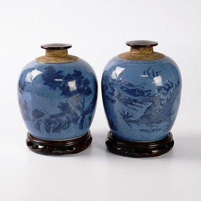 Pair of Antique Chinese Pale Blue Ground Ginger Jars Decorated with Dragon in Clouds and Mountain Landscapes, 19th Century