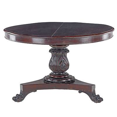 Australian Cedar Breakfast Table with Boldly Carved Acanthus Carved Column and Paw Feet, Circa 1860s