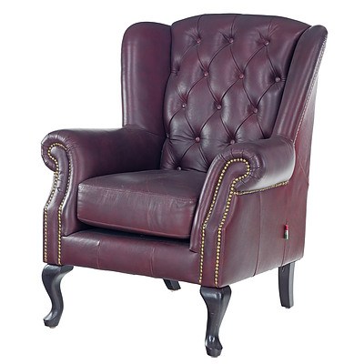 Moroso Deep Buttoned Chesterfield Wingback Armchair in Burgundy Leather