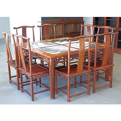Superb Chinese Huanghuali Rosewood and Dali Marble Square Dining Table and Eight Hat-Hanger Chairs Carved with Fu (Good Fortune) Character, Republic Period
