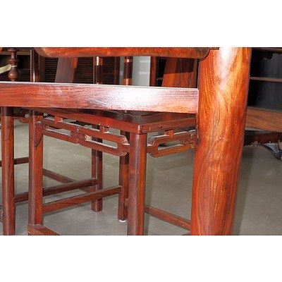 Superb Chinese Huanghuali Rosewood and Dali Marble Square Dining Table and Eight Hat-Hanger Chairs Carved with Fu (Good Fortune) Character, Republic Period