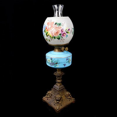 Antique Brass Based Oil lamp with Hand Painted Blue Glass Barrel and Floral Decorated Milk Glass Shade - Converted to an Electric Lamp