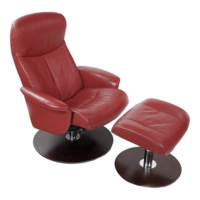 Moran Red Leather Reclining Armchair with Matching Ottoman