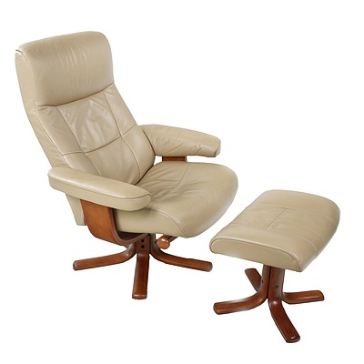 IMG Nordic Design Beige Leather Upholstered Recliner Armchair and Ottoman