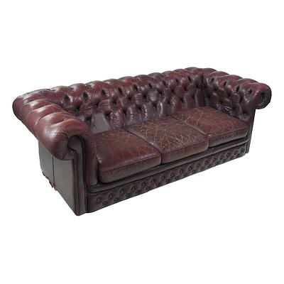 Burgundy Buttoned Leather Three Seater Chesterfield Lounge