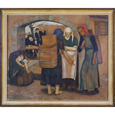 E. van der Velde (20th Century), Untitled (Marketplace Scene) 1924, Oil and Pencil on Paper on Board