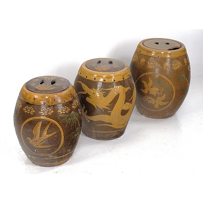 Set of Three Large Antique Chinese Glazed Terracotta Lidded Fermenting Jars Impasto Decorated with Dragon, Swallow and Goldfish Motifs (3)