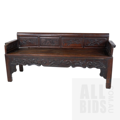 Antique Chinese Finely Carved Hongmu Rosewood Bench, Late Qing Dynasty