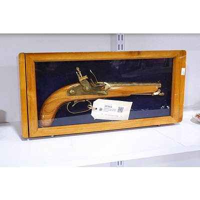 Replica Antique Flintlock Pistol in Display Box with Inscription