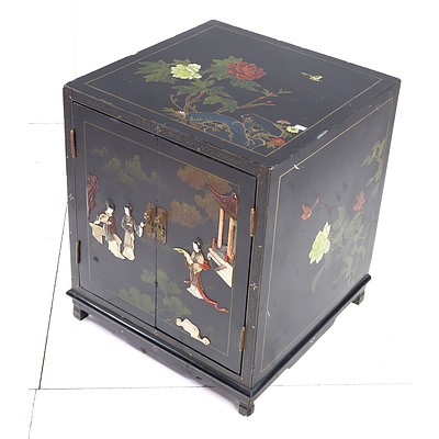 Vintage Chinese Black Lacquered Cupboard with Carved Stone and Bone Inlay
