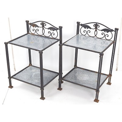 Pair of Rustic Wrought Iron Side Tables with Galvanised Metal Tops