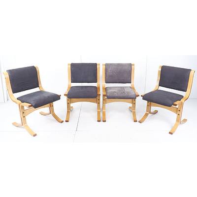 Set of Four Retro Bentwood Chairs with Fabric Upholstered Seats and Backs