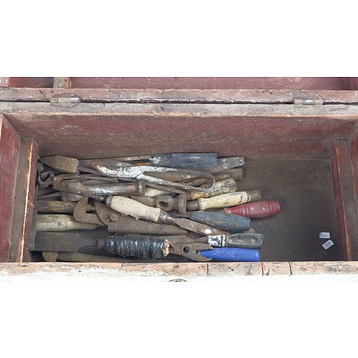 Vintage Timber Tool Chest with Assortment of Vintage Tools