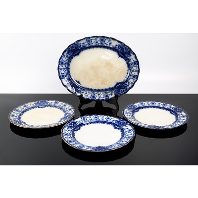 Victorian Blue and White Porcelain Platter and Three Dinner Plates (4)