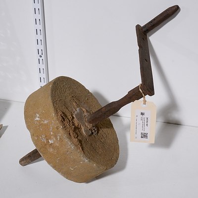 Colonial Sandstone Grinding Stone with Wrought Iron Handle