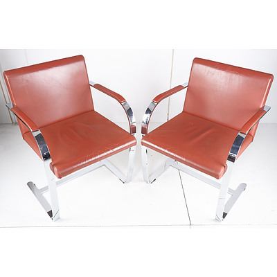 Pair of Mies Van Der Rohe Style Armchairs - Chrome Frames and Brown Leather Upholstery (2)
