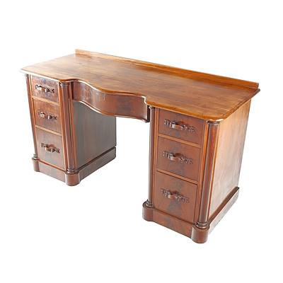 Flame Mahogany Twin Pedestal Desk with Carved Bow Form Handles and Column Supports, Early to Mid 20th Century