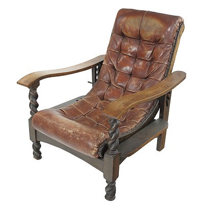 Antique Oak Framed Smokers Arm Chair with Button Leather Upholstery and Barley Twist Supports