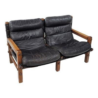 Vintage Post and Rail Black Leather Upholstered Two Seater Lounge
