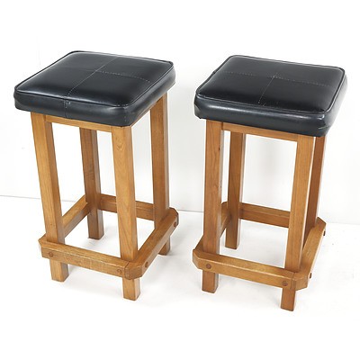Pair of Vintage Blackwood Framed Stools with Vinyl Upholstered Top Circa 1970s
