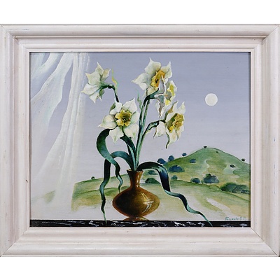 Hanukova (20th Century, Russian), Still-Life with Daffodils and Moon Landscape 1991, Oil on Board