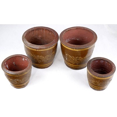 Two Pairs of Chinese Red Clay Garden Pots with Dragon Motif