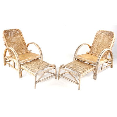 Pair of Vintage Woven Cane Adjustable Outdoor Patio Chairs