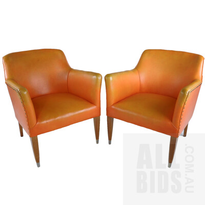 Pair of Australian Retro Orange Vinyl Tub Chairs with Coachwood Tapper Legs