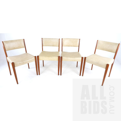 Set of Four Vintage Teak and Beige Vinyl Upholstered Dining Chairs